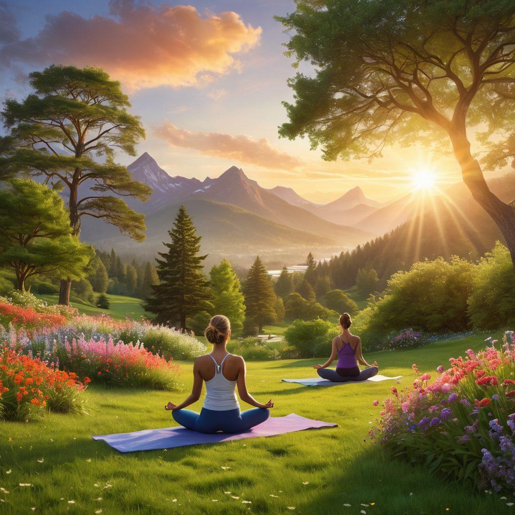 A serene landscape showing a harmonious balance between nature and wellness: a tranquil yoga scene at sunrise, diverse individuals practicing yoga on lush green grass, surrounded by blooming flowers and gentle mountains in the background. Soft light beams breaking through trees symbolize enlightenment. Vibrant colors. super-realistic.