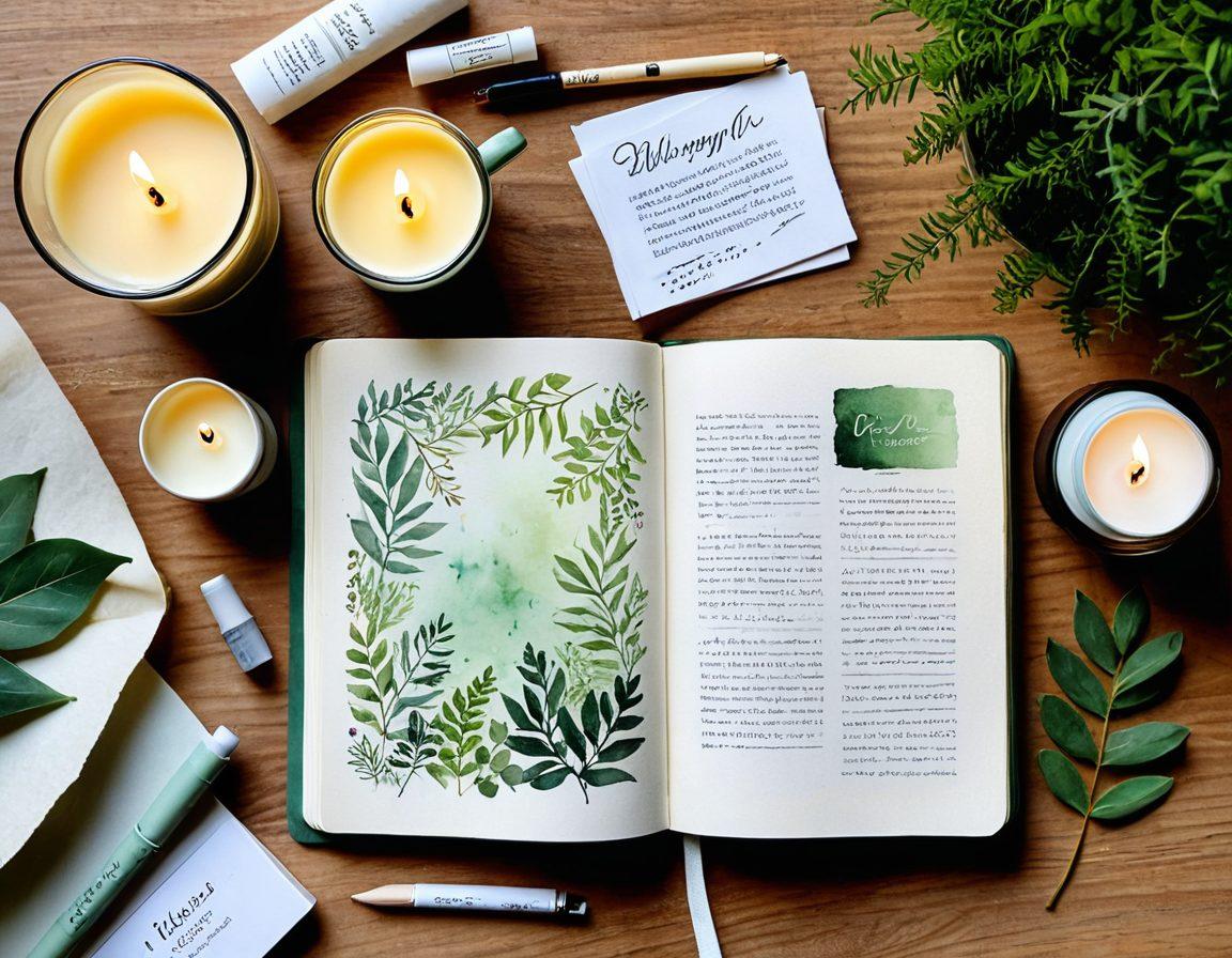 An open journal with beautifully handwritten notes and doodles on mindfulness and self-growth, surrounded by calming nature elements like candles, plants, and a steaming cup of herbal tea. Soft morning light gently illuminates the scene, promoting a sense of peace and reflection. A gentle watercolor background enhances the serene atmosphere. watercolor. soft pastels. peaceful setting.